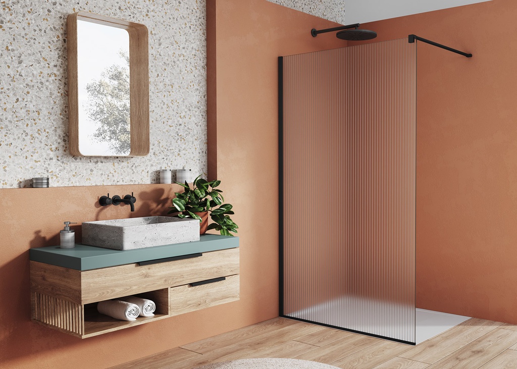 Paroi fixe WALK-IN EASY avec profilé mural de compensation, largeur 100 cm, H 200 cm, finition noir mat, verre Sécurit 8 mm, noir mat, Décor LINA