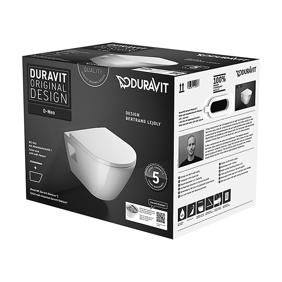 Cuvette murale Set D-NEO UP se compose de cuvette murale Rimless D-Neo et siège de WC D-Neo avec amortissement, ATTACHEMENT VISIBLE, standard, blanc