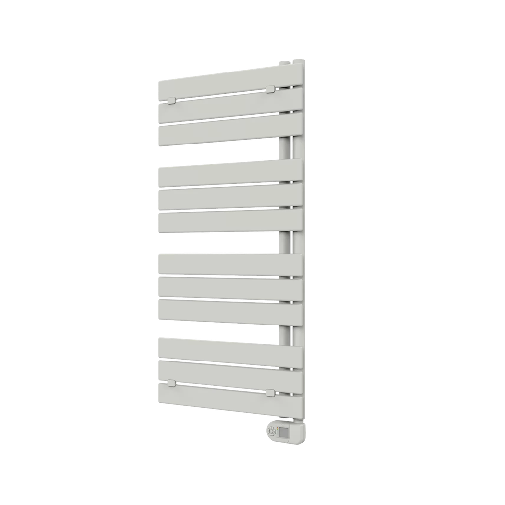 Radiateur sèche-serviette électrique AGATA 111, L111x55 cm, 500W, barres plates, doubles barres verticales situées sur la droite, avec thermostat et commande à distance à fonction programmable heures/jours, jeu de montage inclus 4 pièces, couleur BLANC