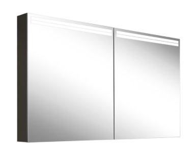 Armoire de toilette ARANGALINE TW 100 x 70 x 12 cm profil en aluminium pour montage AP ou UP, prises double en haut à droite ou à gauche, prise double en bas à la paroi intérmédiaire à droite, 2 portes à double miroir, LED dimmable, en haut et en bas 22 W, dessus et dessous séparément commutable 2000-6500 K, bouton pour les fonctions à l'intérieur du profilé latéral, miroir grossissant IP44, NOIR MAT