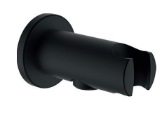 Coude mural de douchette twin (LAURIN, SQUARE) avec support fixe, saillie 77 mm, avec clapet anti-retour, rosace ronde, noir mat
