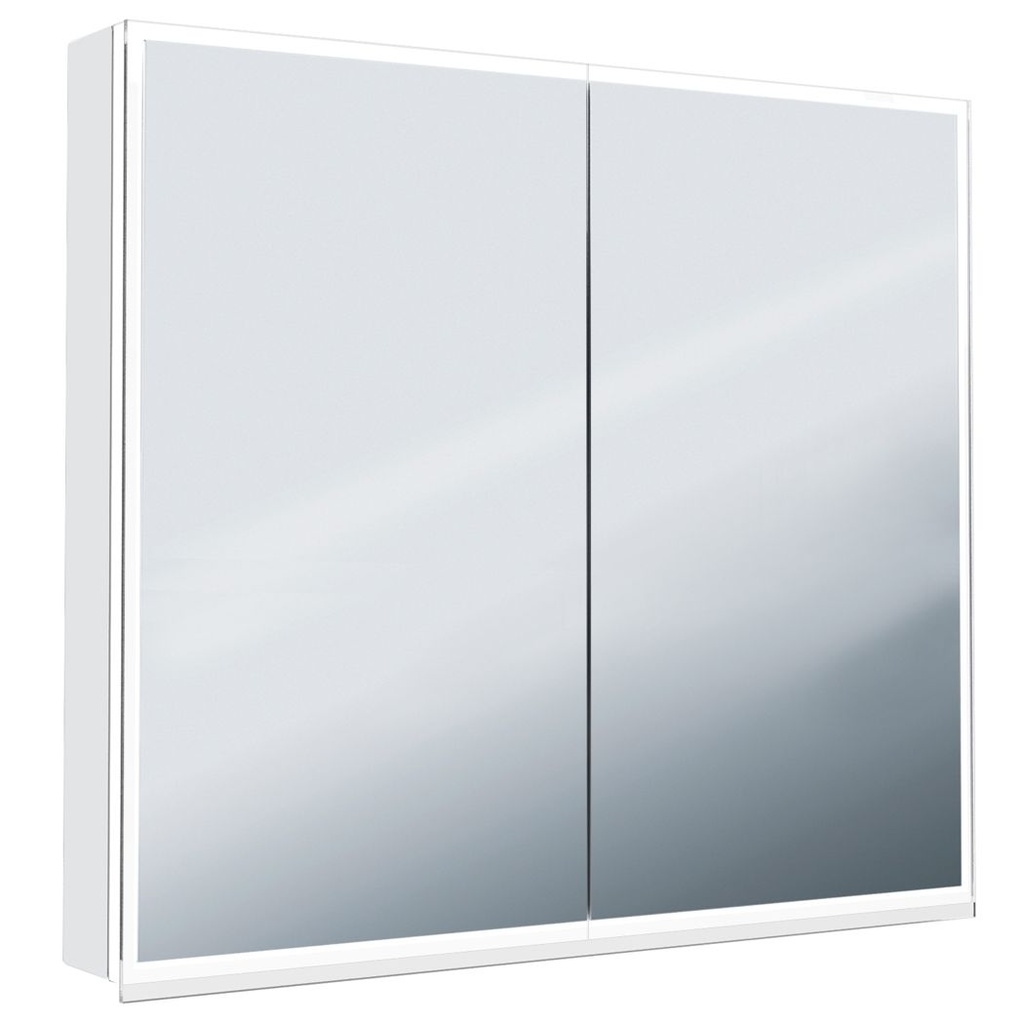 Armoire toilette ILLUMINATO 2.0 78 x 73 x 13,2 cm profil en aluminium, 2 prises double à l'intérieur en bas 2 portes à double miroir éclairage du cadre par LED 27,57W, commande de l'éclairage clavier/ application, boîte cosmétique miroir grossissant inclus IP24, couleur lumière changeable, blanc