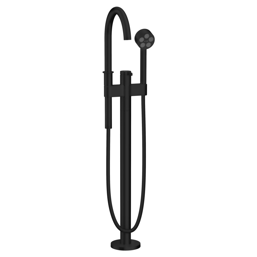 Mélangeur de bain One S 220 mm, goulot fixe H jusqu'à aérateur 866-946 mm avec colonne pour montage à pose libre, douche à main tuyau de douche, support de douche, Noir mat