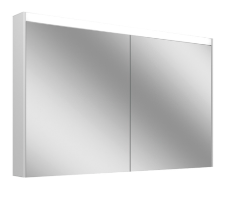 Armoire de toilette OBJECT LINE Comfort LED couleur lum. blanc froid 4000K - 130/2/LED, profil en aluminium, p. montage AP ou UP 129,5 x 70/74,2 x 12 cm prise double en haut à droite ou à gauche, 2 portes à double miroir, 22,8 W, IP44, classe énergétique E, blanc