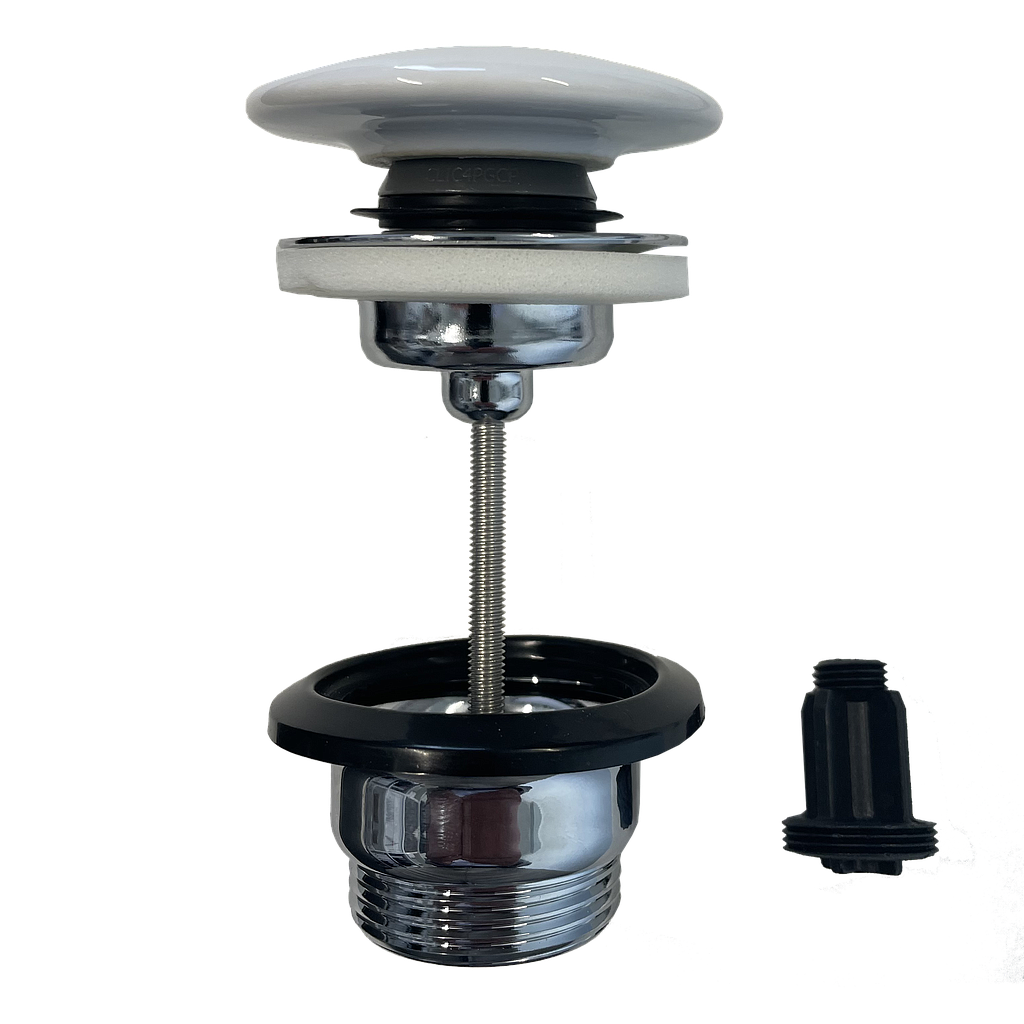 Bonde soupape d'écoulement 1 1/4" Push open, fonction 2 en 1, ajustable de min. 0 à max. 70 mm, appuyez pour ouvrir et fermer - verrouillable en position ouverte, adapté aux lavabos avec ou sans trop-plein, chromé, bonde céramique blanc brillant