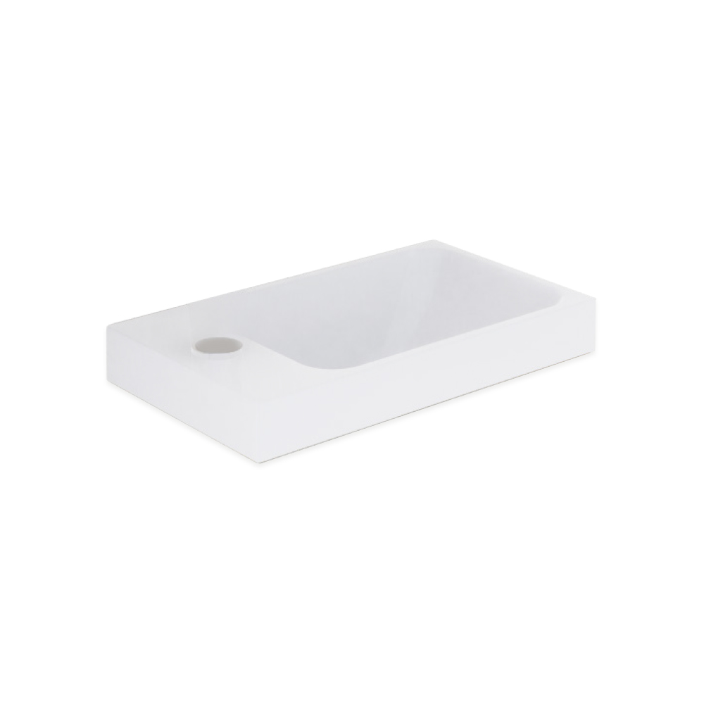 Lave-mains THEO - L 45.5 x H 6.0 X P 25.5 cm, 1 trou de robin. réversible, sans trop-plein, sans bonde, en minéral marbre GEACRIL, pour sous-meuble Nr. BN1B5045B, finition blanc brillant