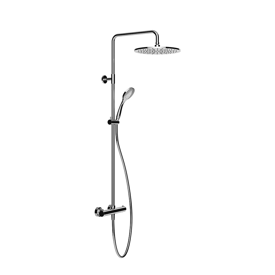 Colonne de douche EMPORIO SHOWER thermostatique, EC 150, raccords excentrique 1/2"x1/2", douche de pluie diam. 300mm, inverseur automatique, support orientable sur barre de douche, flexible 150 cm et douchette à main diam. 100 mm anticalcaire, groupe acoustique II, débit 12 l/min, 031 Chromé