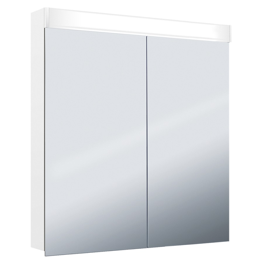 Armoire de toilette Keller Puro 2.0 LED profil en aluminium 2 portes à double miroir éclairage LED, vers l'avant et le haut, indirect vers le bas, 14,4 W prise double à l'intérieur en bas de la cloison dans le compartiment à droite, IP 24 2 étagères en verre clair réglables par compartiment montage en saillie ou encastré, éclairage du bas de caisse classe d'efficacité énergétique D largeur 80 cm hauteur 75,3 cm profondeur 14,1 cm, Blanc