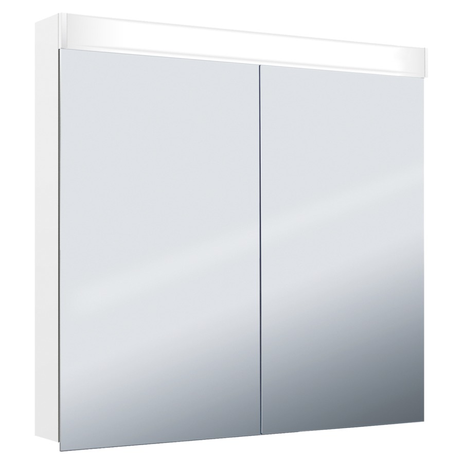 Armoire de toilette Keller Puro 2.0 LED profil en aluminium 2 portes à double miroir éclairage LED, vers l'avant et le haut, indirect vers le bas, 15,8 W prise double à l'intérieur en bas de la cloison dans le compartiment à droite, IP 24 2 étagères en verre clair réglables par compartiment montage en saillie ou encastré, éclairage du bas de caisse classe d'efficacité énergétique D largeur 90 cm hauteur 75,3 cm profondeur 14,1 cm, Blanc