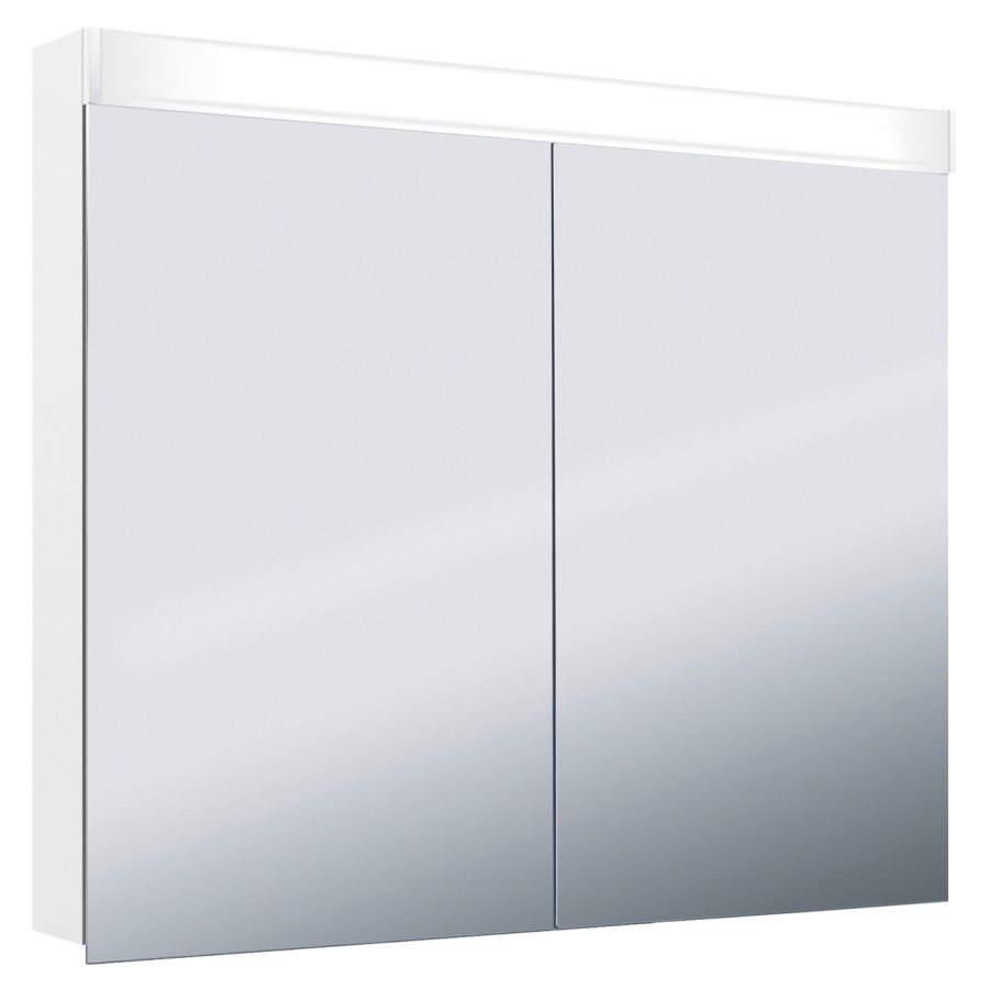 Armoire de toilette Keller Puro 2.0 LED profil en aluminium 2 portes à double miroir éclairage LED, vers l'avant et le haut, indirect vers le bas, 17,3 W prise double à l'intérieur en bas de la cloison dans le compartiment à droite, IP 24 2 étagères en verre clair réglables par compartiment montage en saillie ou encastré, éclairage du bas de caisse classe d'efficacité énergétique D largeur 100 cm hauteur 75,3 cm profondeur 14,1 cm, Couleur d'argent