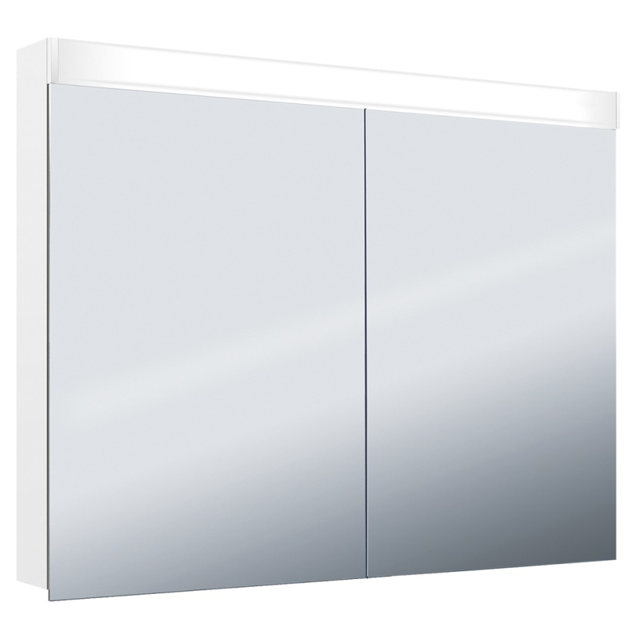 Armoire de toilette Keller Puro 2.0 LED profil en aluminium 2 portes à double miroir éclairage LED, vers l'avant et le haut, indirect vers le bas, 21,6 W prise double à l'intérieur en bas de la cloison dans le compartiment à droite, IP 24 2 étagères en verre clair réglables par compartiment montage en saillie ou encastré, éclairage du bas de caisse classe d'efficacité énergétique D largeur 120 cm hauteur 75,3 cm profondeur 14,1 cm, Blanc