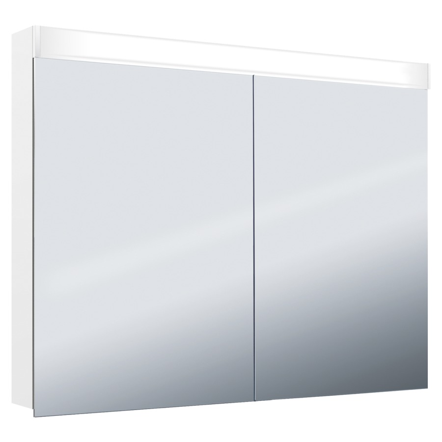 Armoire de toilette Keller Puro 2.0 LED profil en aluminium 2 portes à double miroir éclairage LED, vers l'avant et le haut, indirect vers le bas, 23 W prise double à l'intérieur en bas de la cloison dans le compartiment à droite, IP 24 2 étagères en verre clair réglables par compartiment montage en saillie ou encastré, éclairage du bas de caisse classe d'efficacité énergétique D largeur 130 cm hauteur 75,3 cm profondeur 14,1 cm, Blanc