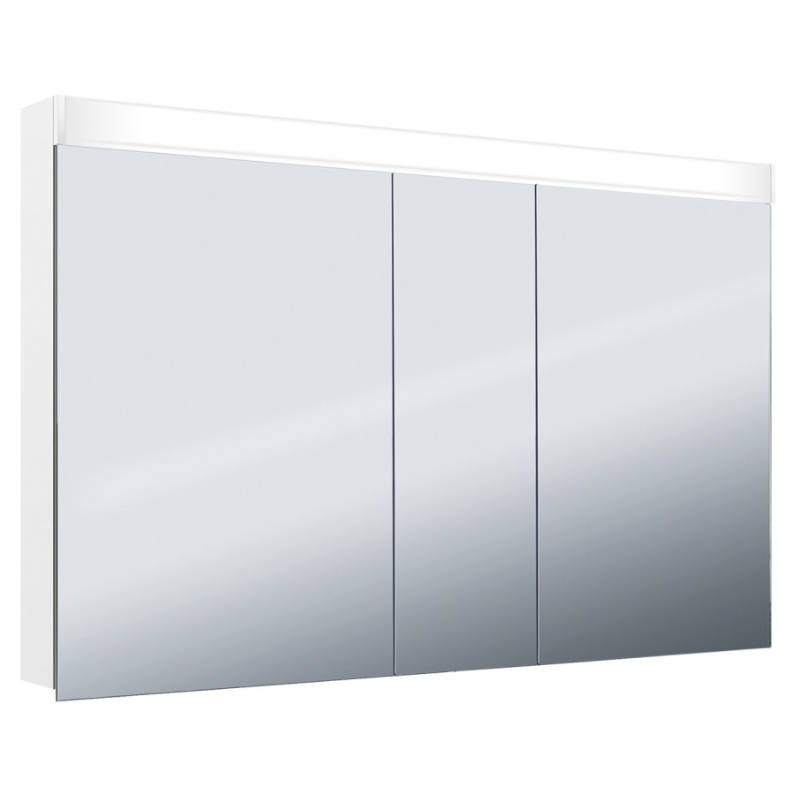 Armoire de toilette Keller Puro 2.0 LED profil en aluminium 3 portes à double miroir 60/30/60, éclairage LED vers l'avant et le haut indirect vers le bas, 27,4 W prise double à l'intérieur en bas de la cloison dans le compartiment à droite, IP 24 2 étagères en verre clair réglables par compartiment montage en saillie ou encastré, éclairage du bas de caisse classe d'efficacité énergétique D largeur 150 cm hauteur 75,3 cm profondeur 14,1 cm, Blanc