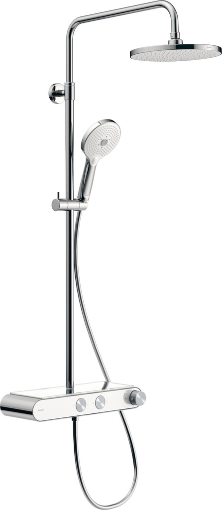 Colonne de douche thermostatique SHELF avec douche à main Jet Click! Ø 120 mm  et douche de tête Jet Ø 230 mm,  tuyau de douche, chromé / blanc brillant