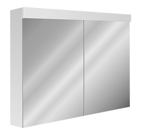 Armoire de toilette Avona Novo 90 x 71,2 x 13,4/14,2 cm profil en aluminium 2 portes à double miroir 1 prise double en haut changeable, LED 23 W Lumen en haut 2805, IP24, couleur lum. blanc chaud 3000K, classe énergétique D, blanc