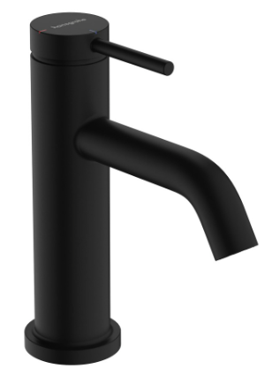 Mélangeur de lavabo TECTURIS S 80, S 108 mm, goulot fixe hauteur d'écoulement 80 mm EcoSmart+, CoolStart - eau froide par position de levier au milieu, avec vidage excentrique, débit 4 l/min, noir mat