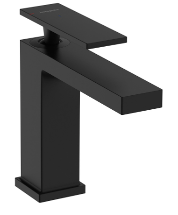 Mélangeur de lavabo TECTURIS E 110, S 144 mm, goulot fixe hauteur d'écoulement 117 mm EcoSmart+, CoolStart - eau froide par position de levier au milieu, avec vidage excentrique, débit 4 l/min, noir mat