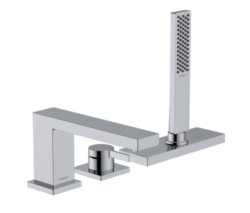 Garniture de remplissage TECTURIS E 3 trous, goulot pour gorge de baignoire S 206 mm, mélangeur douche à main jet PowderRain set final pour montage sur gorge de baignoire, sans corps à encastrer 757 058, chromé