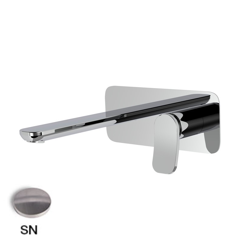 Mélangeur de lavabo encastré FLO, S 196 mm écartement entre poignée et bec 120 mm, avec plaque rectangulaire 216x90 mm, SANS corps encastrable, débit 5 l/min, SN Nickel Brossé