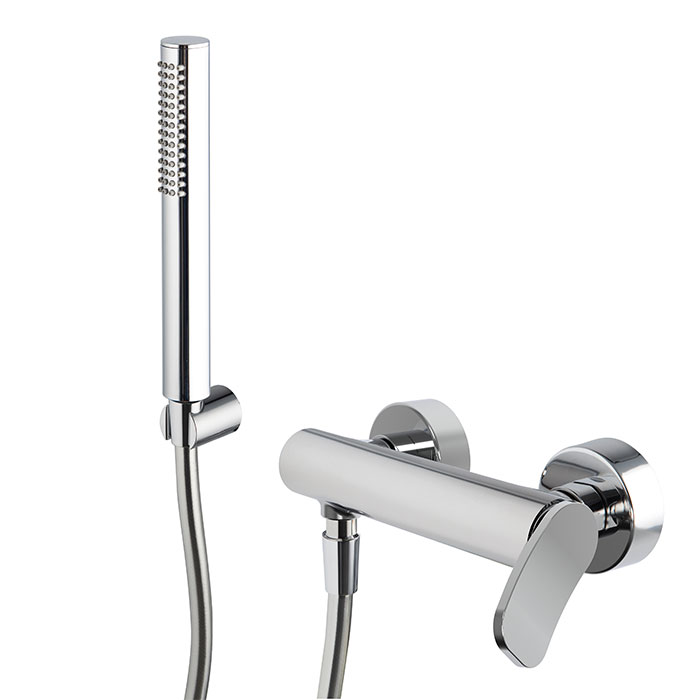 Mélangeur de douche FLO - E 150 mm, avec deux raccords réglables Ballofix 1/2" - 1/2, Flexible chromalux 1500 mm, support douchette et douchette à main, CR Chromé