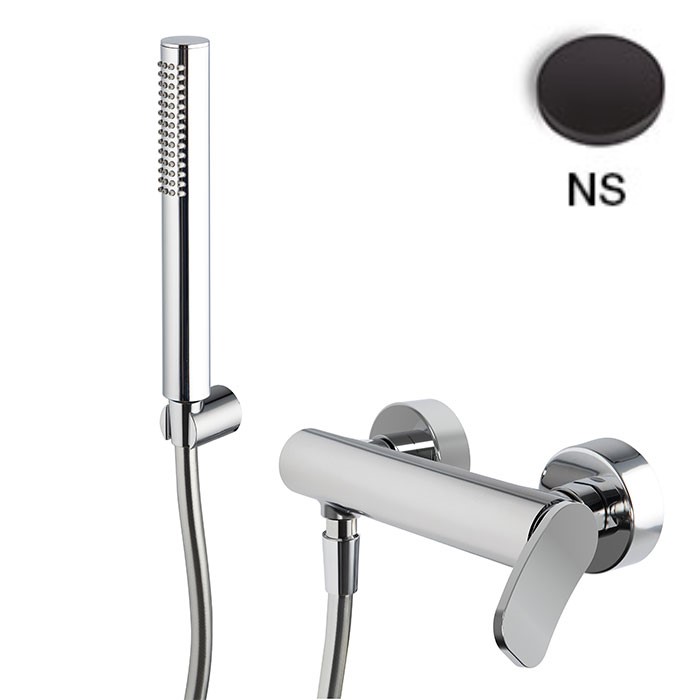 Mélangeur de douche FLO - E 150 mm, avec deux raccords réglables Ballofix 1/2" - 1/2, Flexible chromalux 1500 mm, support douchette et douchette à main, NS Noir Mat