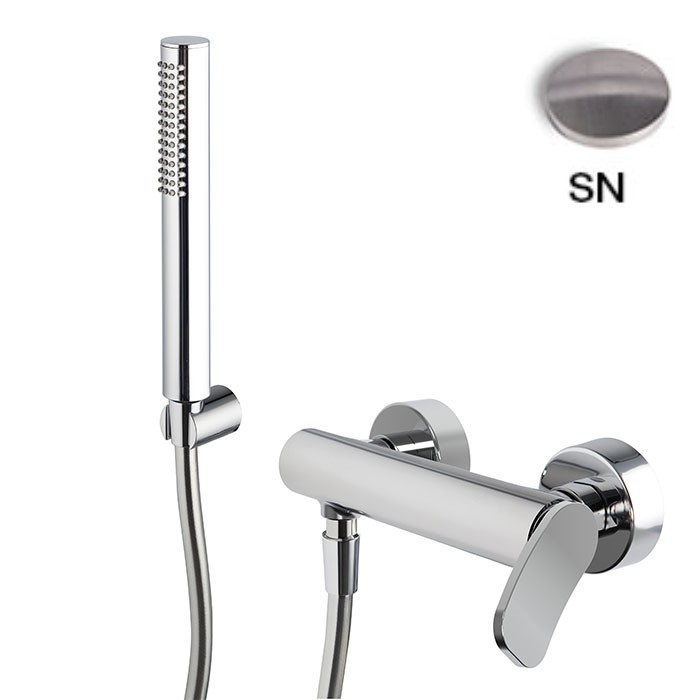 Mélangeur de douche FLO - E 150 mm, avec deux raccords réglables Ballofix 1/2" - 1/2, Flexible chromalux 1500 mm, support douchette et douchette à main, SN Nickel Brossé