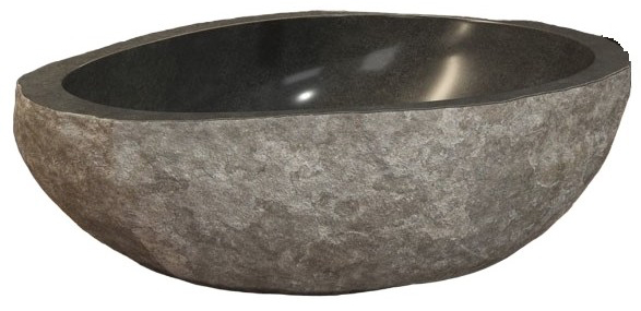 Vasque à poser en pierre naturelle RIVER STONE, diamétre 500-550 x H 150 mm, Gris (Attention : chaque vasque est unique)