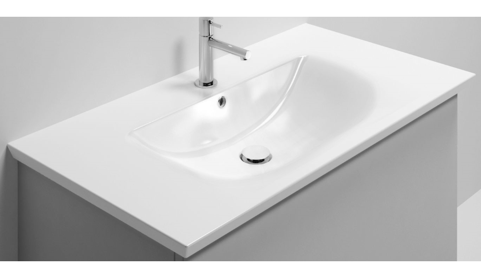 Lavabo TAK 90 cm en céramique,  L 95 cm - P 53 cm, vasque centrée, avec trop-plein, 1 trou de robin., avec bonde et cache-bonde inclus pour sous-meuble prof. 50 cm, blanc