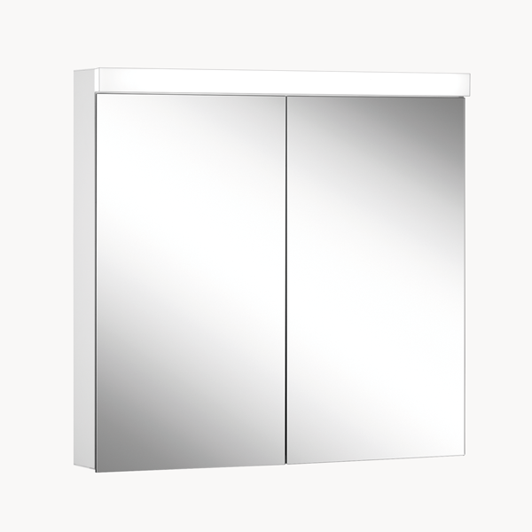 Armoire de toilette LOWLINE BASIC FL, LOB 80/2/FL profil en aluminium 80 x 70/74,8 x 12 cm pour montage AP ou UP prise double en haut à droite ou à gauche, 2 portes à double miroir, FL 25W, EVG, IP44, standard, blanc