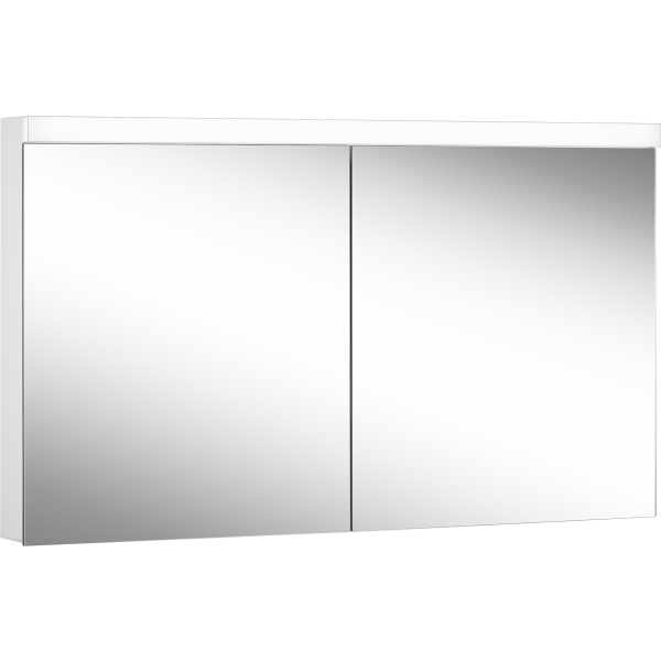 Armoire de toilette LOWLINE LED, LOB 130/2/LED profil en aluminium 130 x 70/74,8 x 12 cm pour montage AP ou UP prise double en haut à droite ou à gauche, 2 portes à double miroir, LED 28W, IP44, couleur lum. blanc froid 4000K, blanc