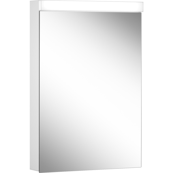 Armoire de toilette LOWLINE PLUS LED, LOP 50/1/LED/R profil en aluminium 50 x 70/74,8 x 12 cm pour montage AP ou UP prise double en bas à droite sur le profil latéral, 1 porte à double miroir charnières à gauche ou à droite LED 2 x 10W, dessus et dessous séparément commutable et dimmable, IP44, couleur lum. blanc froid 4000K, blanc