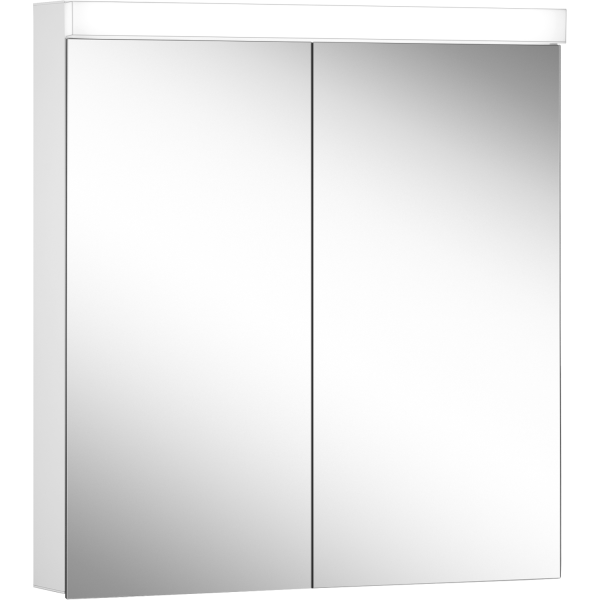 Armoire de toilette LOWLINE PLUS LED, LOP 70/2/LED profil en aluminium 70 x 70/74,8 x 12 cm pour montage AP ou UP prises double en bas à gauche et droite sur le profil latéral, 2 portes à double miroir, LED 2 x 14W dessus et dessous, séparément commutable et dimmable, IP44, couleur lum. blanc froid 4000K, blanc