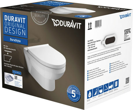 SET Cuvette murale DURASTYLE BASIC UP Rimless (Duravit No.1), se compose de cuvette murale DuraStyle Basic, quantité d'eau de rinçage 4.5 L et siège de WC DuraStyle Basic amovible, abaissement automatique, standard, blanc