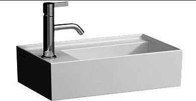 Lave-mains KARTELL 46 x 28 cm, SaphirCéramique pour meuble suspendu, tablette de robinetterie à gauche sans trop-plein, incl. soupape d'ecoulement sans trop-plein premonté, 1 trou robin., standard, blanc