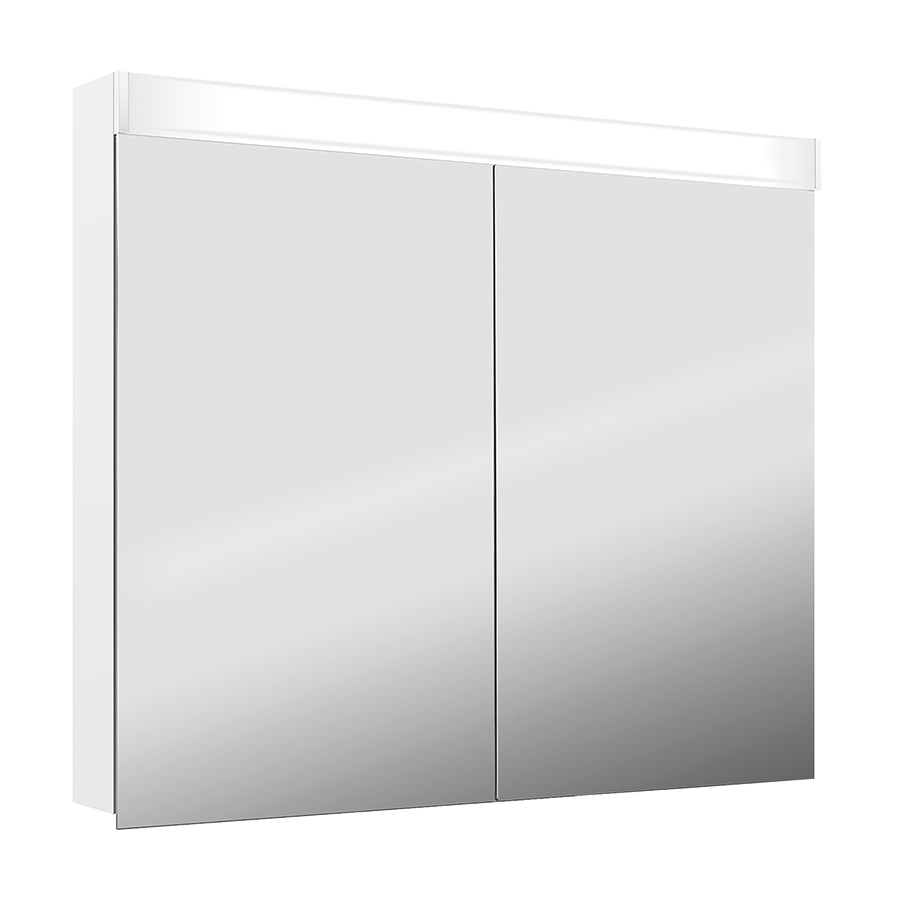 Armoire de toilette PURO LED 100 x 76,5 x 12,5 cm profil en aluminium, prise double en haut dans le boîte gauche, changeable, 2 portes à double miroir (50/50) éclairage LED 2733 Lumen 4000K, IP24, blanc