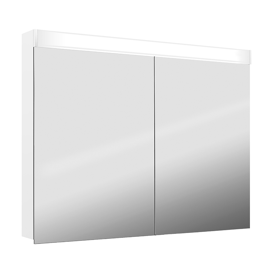 Armoire de toilette PURO LED 120 x 76,5 x 12,5 cm profil en aluminium, prise double en haut dans le boîte gauche, changeable, 2 portes à double miroir (60/60) éclairage LED 3630 Lumen 4000K, IP24, blanc