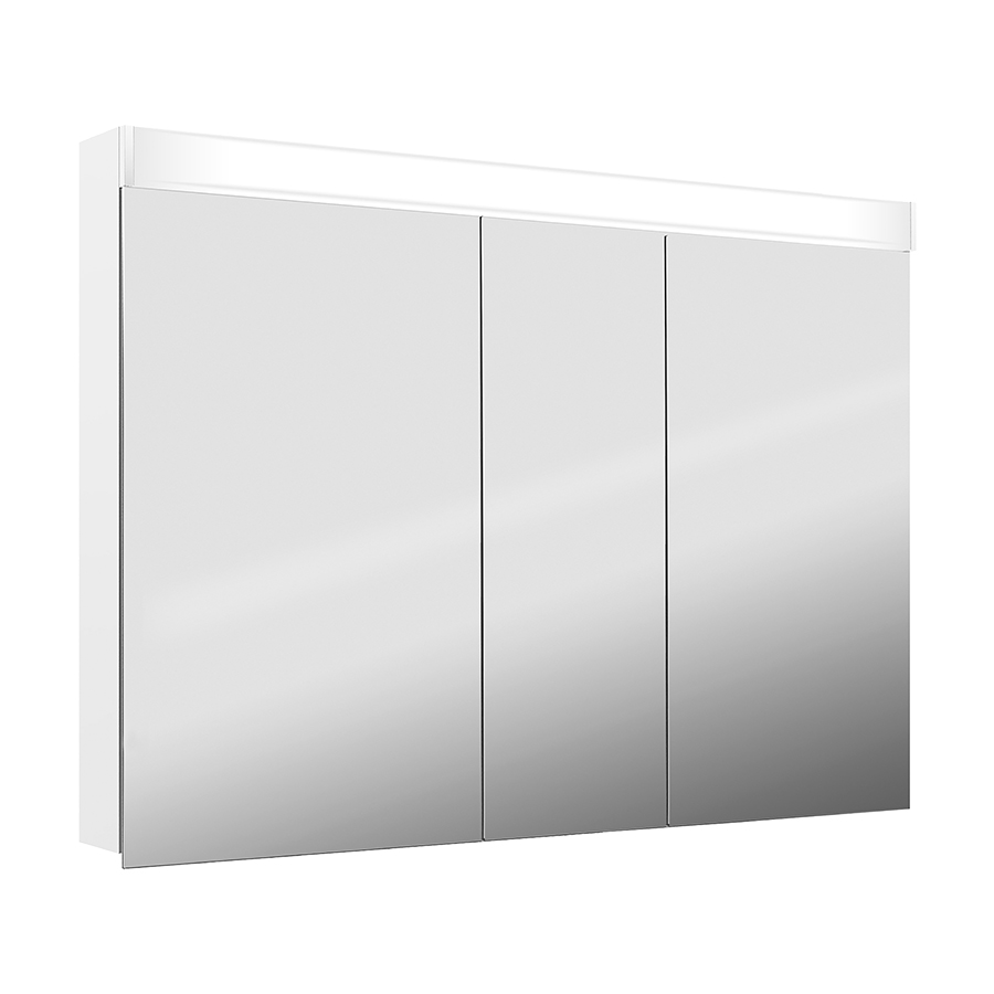 Armoire de toilette PURO LED 130 x 76,5 x 12,5 cm profil en aluminium, prise double en haut dans le boîte gauche, changeable, 3 portes à double miroir (50/30/50) éclairage LED 3630 Lumen 4000K, IP24, blanc