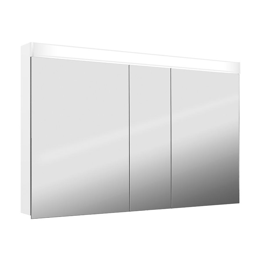 Armoire de toilette PURO LED 150 x 76,5 x 12,5 cm profil en aluminium, prise double en haut dans le boîte gauche, changeable, 3 portes à double miroir (60/30/60) éclairage LED 4540 Lumen 4000K, IP24, blanc