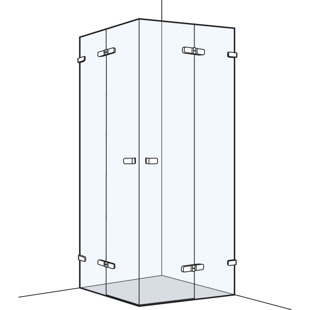 Entrée diagonale S505 70-100 x 70-100 cm, H 200 cm 2 portes pivotantes et 2 éléments fixes, sans cadre coude et charnières chrome profil contre l'éclaboussement MESURES EXACTES SELON PRISE DE MESURE, verre véritable clair, chromé brillant