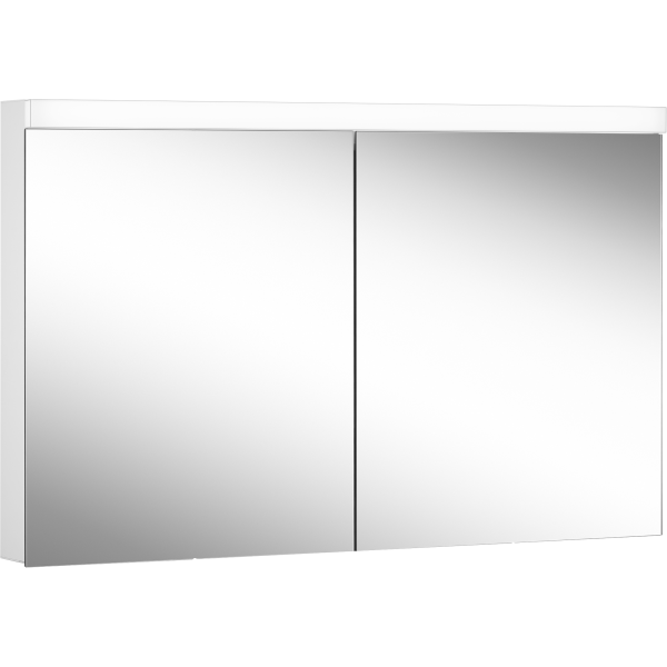 Armoire de toilette LOWLINE PLUS LED, LOP 120/2/LED profil en aluminium 120 x 70/74,8 x 12 cm pour montage AP ou UP prises double à la partition en bas, 2 portes à double miroir, LED 2 x 25W dessus et dessous séparément commutable et dimmable, IP44, couleur lum. blanc chaud 3000K, blanc