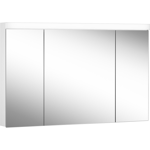 Armoire de toilette LOWLINE PLUS LED, LOP 120/3/LED profil en aluminium 120 x 70/74,8 x 12 cm pour montage AP ou UP prises double à la partition en bas, 3 portes à double miroir (30/60/30), LED 2 x 25W dessus et dessous séparément commutable et dimmable, IP44, couleur lum. blanc chaud 3000K, blanc