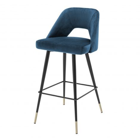 Bar Stool Avorio roche blue velvet , Roche blue velvet | black & brass legs  , A. 50 | B. 50 | C. 100 | D. 43 | E. 75 cm