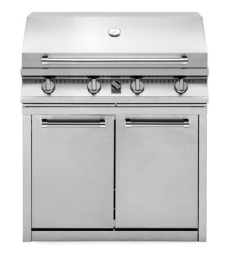 Barbecue 4 brûleurs, L90 cm, deux portes, thermocouples de sécurité, grilles et plaques en fonte émaillée, diffuseurs de chaleur en inox, boutons métalliques, couvercle isolé double avec thermomètre, en acier inox