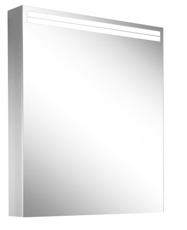 Armoire de toil. ARANGALINE TW 60 x 70 x 12 cm profil en aluminium pour montage AP ou UP, prises double en haut à droite ou à gauche, porte à double miroir charnières à gauche, LED dimmable, en haut et en bas 13 W, dessus et dessous séparément commutable 2000-6500 K, bouton pour les fonctions à l'intérieur du profilé latéral, miroir grossissant IP44, charnières à gauche,  argent éloxé