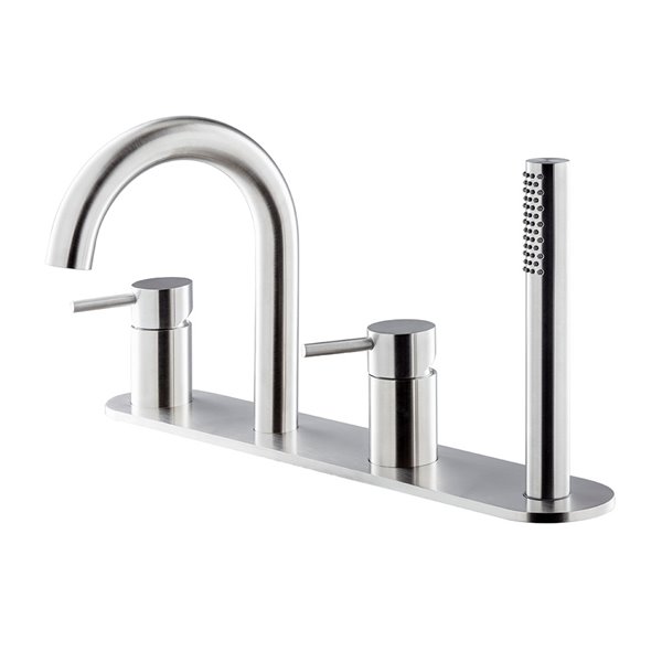Batterie de remplissage X-STEEL 316, 4 trous, plaque de recouvrement, goulot de baignoire S 148 mm, robinets latéraux 1/2", douche extensible, inverseur automatique, pour montage sur bord de baignoire, sans système de drainage pour robinetterie montée sur rebords 371.00.000, groupe NT, acier inox