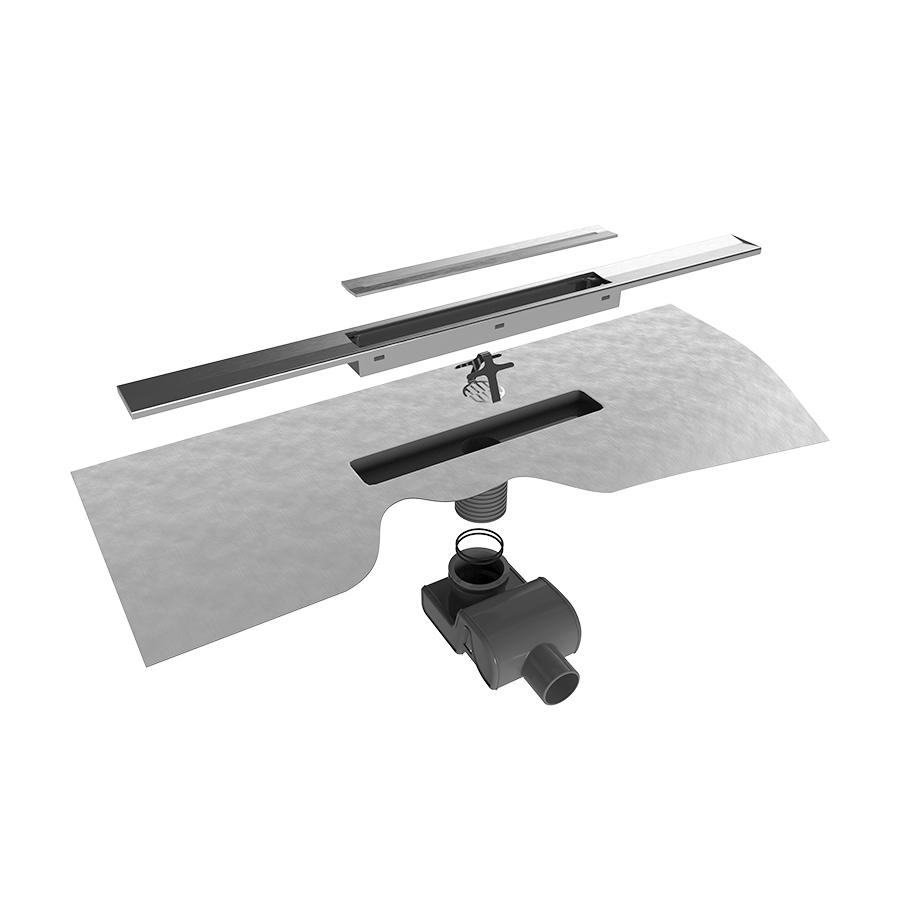 Rigole de douche R-LINE Set complet L 80 cm, raccourcissable, hauteur 85-143 mm garde d'eau siphon 50 mm sortie horizontale D 50 mm capacité d'écoulement 42 l/min natte d'étanchéité prémontée, acier inoxydable brossé