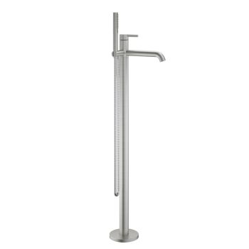 Mélangeur de bain BEVO S 215 mm, goulot fixe H jusqu'à aérateur 790-886 mm avec colonne pour montage à pose libre, douche, tuyau de douche 150 cm, sans corps à encastrer Nr. 39.000.602.931, acier inoxydable brossé