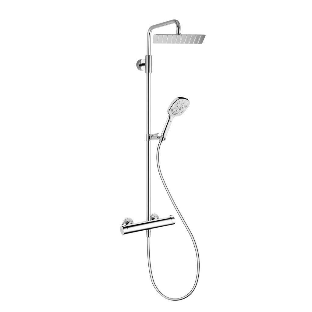 Colonne de douche KWC THERM DESIGN, E 153 mm, raccords d'arrêt 1/2" x 1/2", douche à main Choice-X avec tuyau douche de tête Piatto-X carée 30 x 30 cm, glissière, chromeline