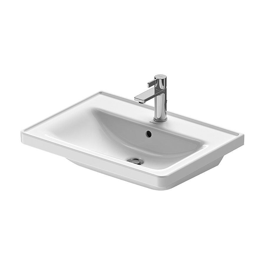 Lavabo D-NEO 65 x 48 cm, céramique tablette de robinetterie pour meuble suspendu avec trop-plein, partie inférieure émaillée, 1 trou robin., standard, blanc