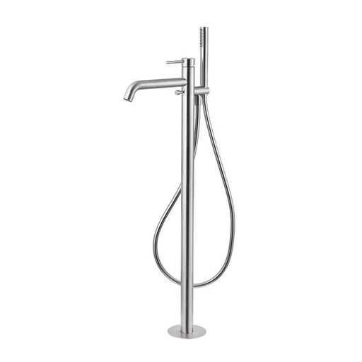 [1621S0877] Mélangeur de bain X-STEEL 316, S 243 mm, goulot fixe, avec poignée, H jusqu'à aérateur 793 -775 mm avec colonne pour montage à pose libre, douche à main, tuyau de douche, sans corps à encastrer, acier inox